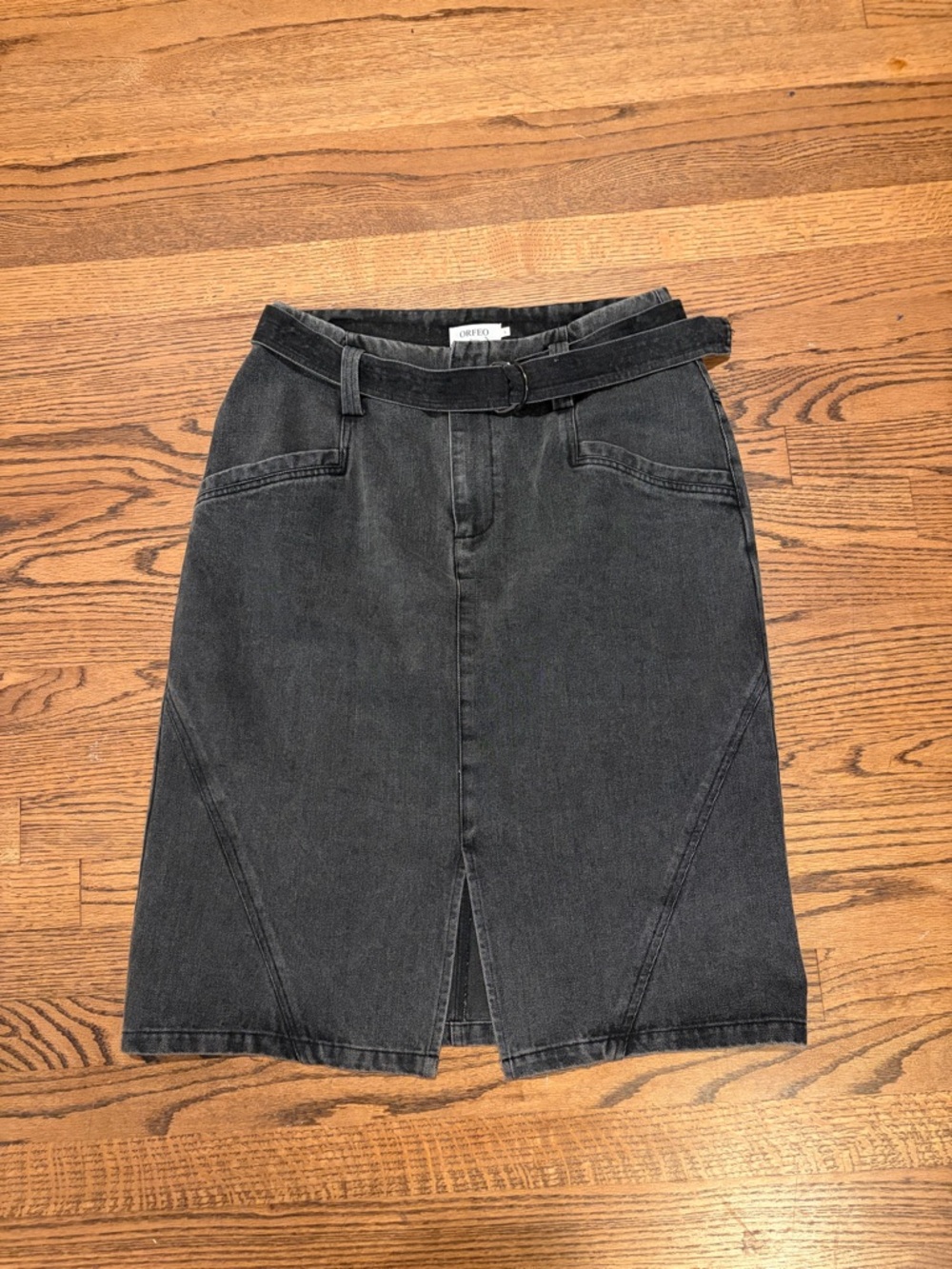 Orfeo Paris Charcoal Black Denim Pencil Skirt with Belted Waist. Bought in Paris